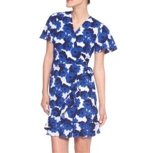 Banana Republic blue black white floral print wrap around mini dress Sz 6
